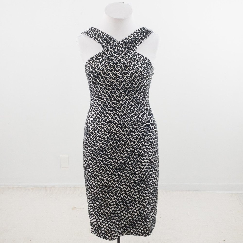 David Meister L Geometric Print Midi Dress Black Cocktail Dinner Party